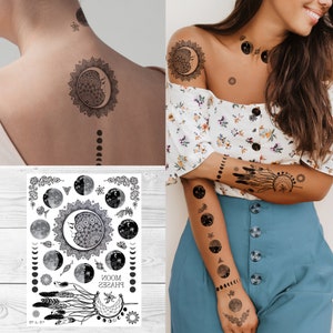 Supperb Temporary Tattoos - Full Moon Tattoos, Moon Phase Temporary Tattoo Moon Festival Bohemian Meditation Celestial Crescent Henna Tattoo