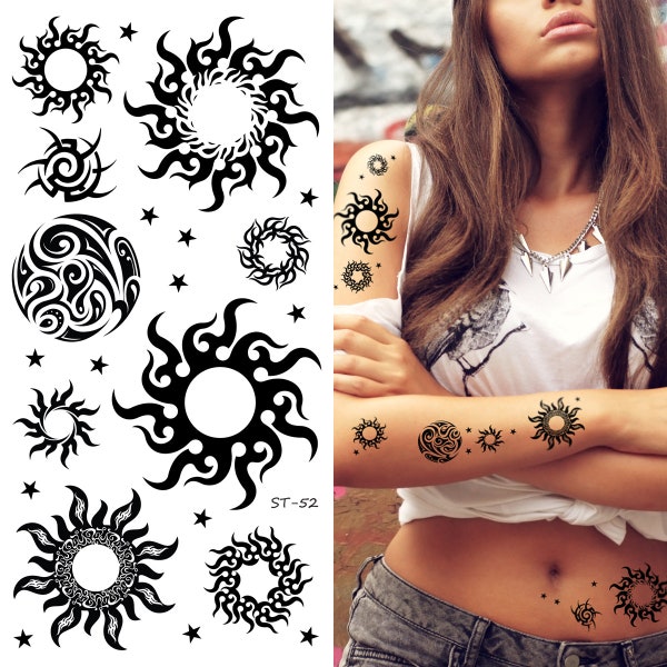 Autocollant d'art de tatouages temporaires Supperb® - Soleil et étoile tribal noir (lot de 2)