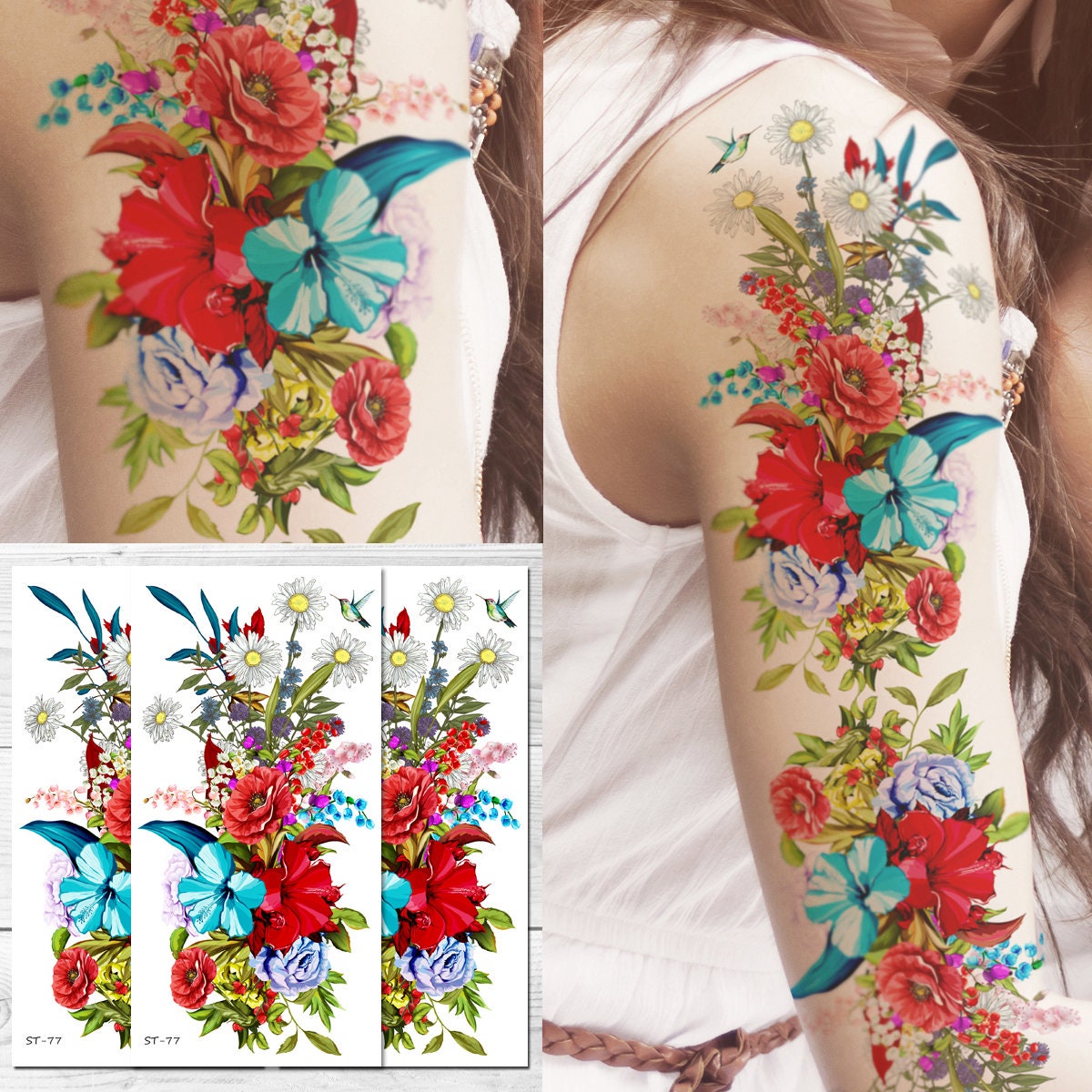 Supperb Temporary Tattoos Hand Drawn Colorful Summer Flower Etsy
