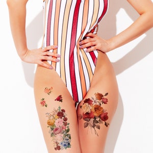 Supperb® Temporary Tattoos  - Red Vintage floral Set, Vintage Floral Tattoos, Flower Temporary Tattoos Set
