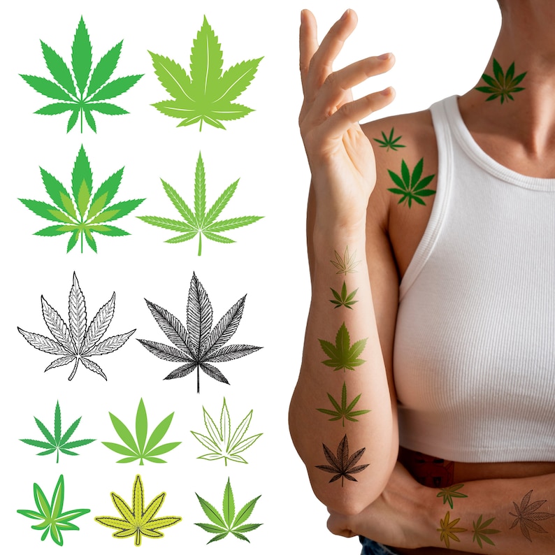 Supperb® Temporary Tattoos 12 Black Green Cannabis leaf Weed leaves Tattoo image 1