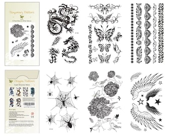 Supperb® 6-pack Halloween B&W Spider Dragon Angel Wings Rose Tribal Butterflies Tattoos Temporary Tattoo