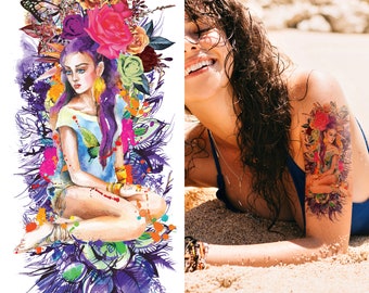 Supperb Temporary Tattoos - Watercolor Mermaid Temporary Tattoos, Blue Purple Floral Flowers Tattoos, Summer Ocean Mermaid Tattoos
