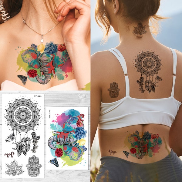 Supperb Tatouages temporaires – Ensemble de tatouages temporaires de yoga, attrape-rêves, attrape-rêves, éléphant, plume de lotus, tatouage bohème (lot de 2)