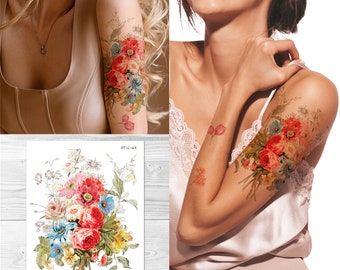 Supperb Temporary Tattoos - Bohemian Floral Temporary Tattoo, Vintage Floral Temporary Tattoo, Summer Watercolor Flowers