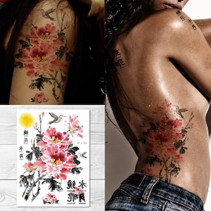 Supperb Large Temporary Tattoos - Summer peony & Hummingbird