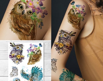 Supperb® Temporary Tattoos - Watercolor Owl Colorful Cut Owls