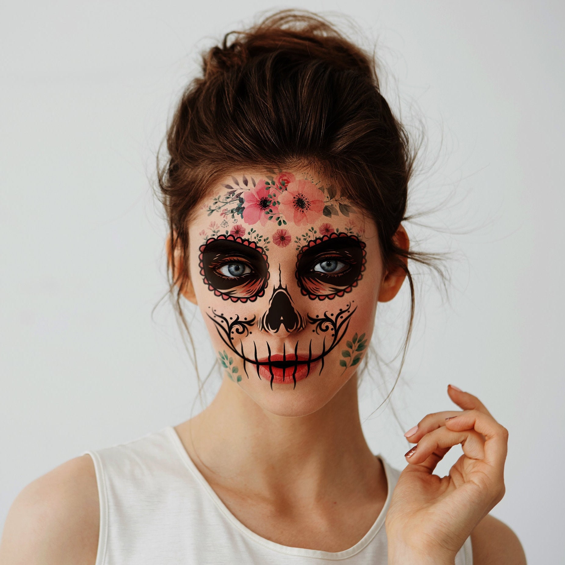 Day Of The Dead Face Tattoos12 Sheets Halloween Sugar Skull Temporary  Costume Makeup Tattoo KitFloral Black Skeleton Web Red  Buy Temporary  TattoosDead Face TattoosCostume Makeup Tattoo Product on Alibabacom