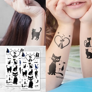 May include: Two sheets of temporary tattoos featuring black cats in various poses, including a cat with a bow tie, a cat with a heart, and a cat with a star. The sheets also include the text "Meow!" and "Meow!"