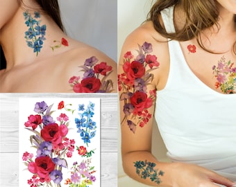Tatuajes temporales grandes de Superb: tatuajes de ramo de flores silvestres en acuarela, tatuaje temporal floral vintage (juego de 2)