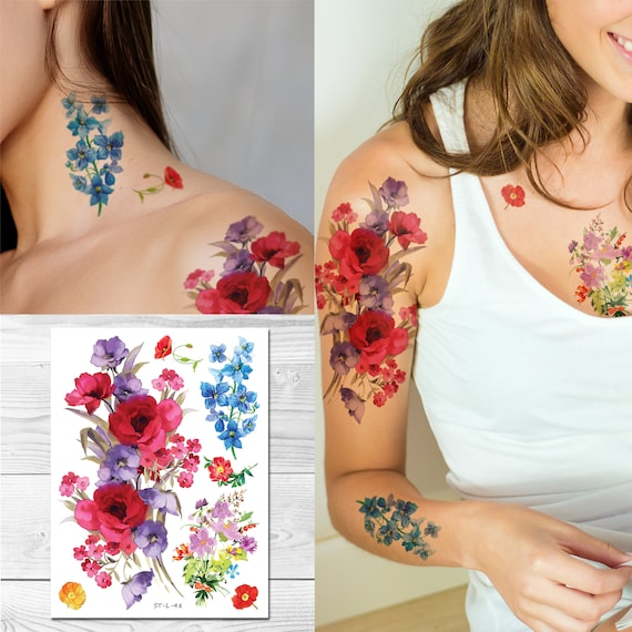 Supperb Large Temporary Tattoos - Watercolor Bouquet of Wildflowers Tattoos, Vintage Floral Temporary Tattoo (Set of 2)