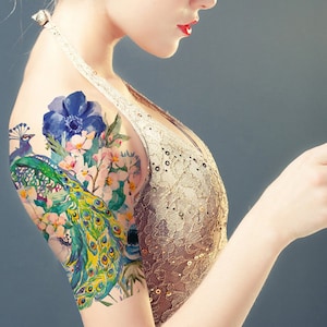 Supperb Large Temporary Tattoos - Watercolor Dream of peacock & Blue Flowers