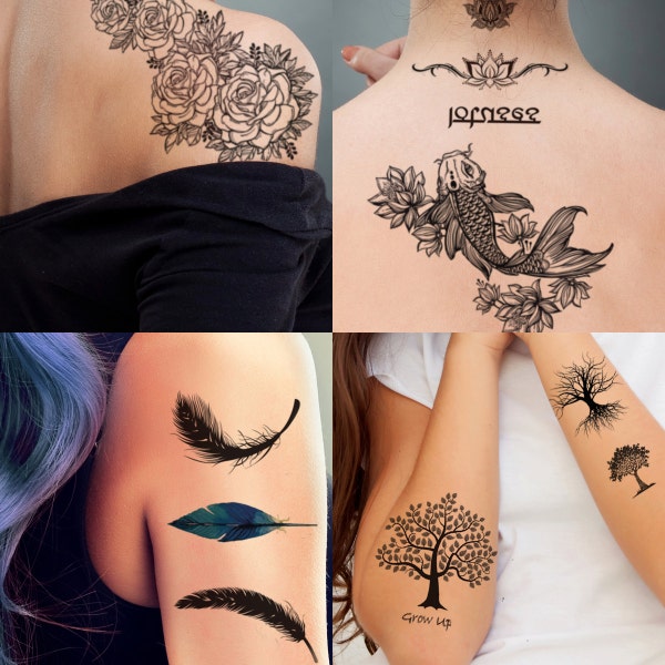 Ensemble de 4 feuilles de tatouages temporaires Supperb, esprit nature - Rose, lotus, plumes, arbres, tatouages de poissons koi