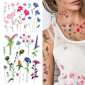 Supperb Temporary Tattoos - Watercolor handrawn painted small summer flowers floral wildflowers branches leaf herbs Tattoo (ST-119)