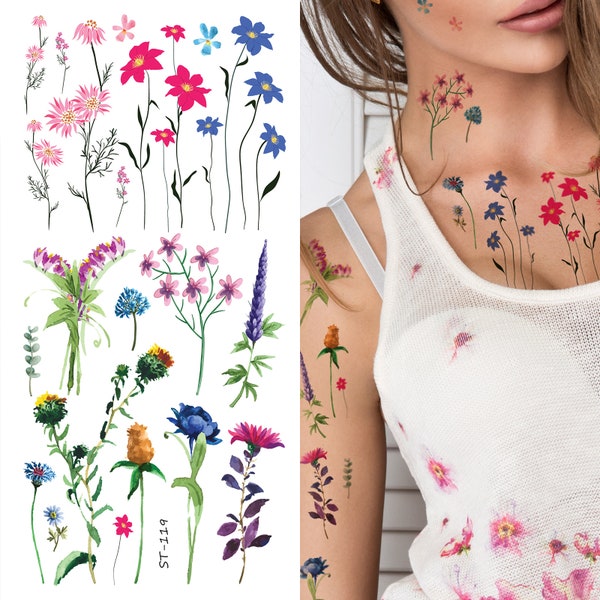 Supperb tatouages temporaires - Aquarelle peinte à la main petites fleurs d'été floral fleurs sauvages branches feuille herbes tatouage (ST-119)