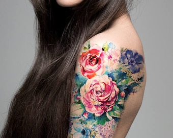 Supperb Large Temporary Tattoos - Watercolor Painting Bouquet of Summer Flowers