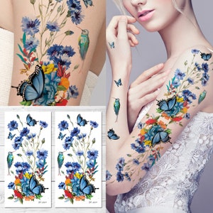 Supperb Temporary Tattoos - Watercolor Painting Bouquet of Summer Flowers, Blue Daisy Butterflies Hummingbird  Full Arm Tattoo (Set of 2)