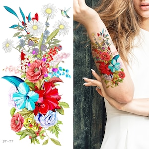 Supperb Temporary Tattoos - Hand drawn Colorful Summer Flower Bouquet II (Set of 2)