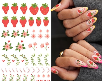 Adesivi per unghie alla fragola - Adesivi per unghie con frutta floreale alla fragola disegnati a mano, stile acquerello - Nail art primaverile per manicure fai da te, set 2