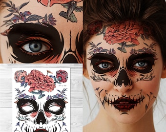 Supperb Halloween Face Tattoo Day of the Dead Sugar Skull Pink Peony Temporary Face Tattoo Kit