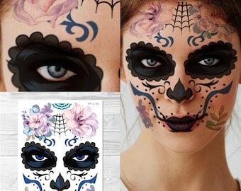 Supperb Halloween Face Tattoo Day of the Dead Sugar Skull Red Rose Temporary Face Tattoo Kit