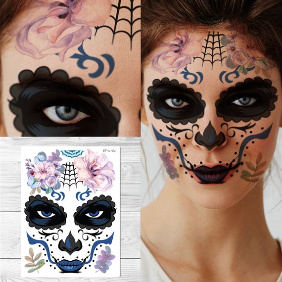 Sugar Skull Halloween 2022 Supperb Halloween Face Tattoo Day Of The Dead Sugar Skull Red Etsy India