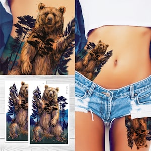 Supperb Large Temporary Tattoos - Watercolor Bear Temporary Tattoos, Wild Forest Colorful Hand-drawn Wildlife Nature Tattoos (Set of 2)