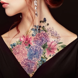 Supperb Large Temporary Tattoos - Watercolor Painting Bouquet of Summer Hydrangeas Flowers Wildflowers