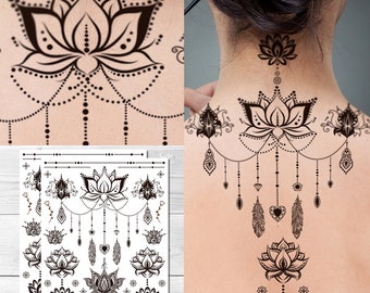 Supperb Temporary Tattoos - Mandala  Floral Lotus Feather Flower Jewelry Bohemian Henna Tattoo (Set of 2)