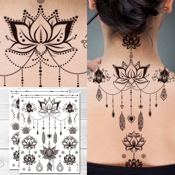 Supperb tatouages temporaires - Mandala floral, plumes de lotus, bijoux, tatouage au henné bohème (lot de 2)