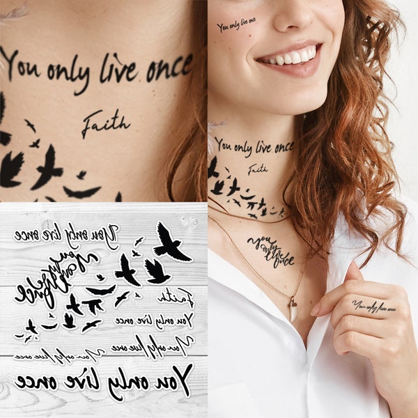Supperb Quote Temporary Tattoos Set - You Only Live Once I Fly birds Sketch Handwriting Typography Tattoos (ensemble de 10+)
