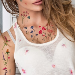 Supperb Temporary Tattoos - Watercolor handrawn painted small flowers floral wildflowers branches leaf herbs Tattoo