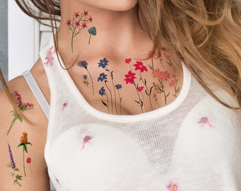 Tatuajes Temporales Supperb - Acuarela dibujada a mano pintada pequeñas flores flores silvestres florales ramas hojas hierbas Tatuaje