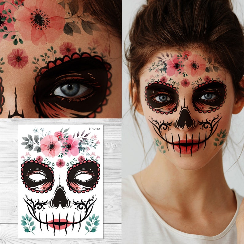 Supperb Halloween Face Tattoo Day of the Dead Sugar Skull Wildflower Temporary Face Tattoo Kit image 2