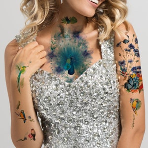 Supperb® Temporary Tattoos  - Watercolor Dream of Peacock & Summer Flowers Tattoo Sleeve Large Tattoo Arm Tattoo (ST-L-45 + ST-117)