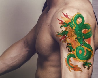 Supperb Large Temporary Tattoos - Green Dragon on Fires