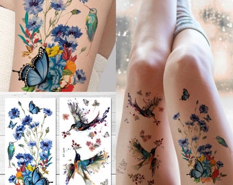 Supperb Temporary Tattoos - Colorful Summer Tropical Flowers Butterflies Wildflower Bouquet Birds hummingbird (Set of 2)
