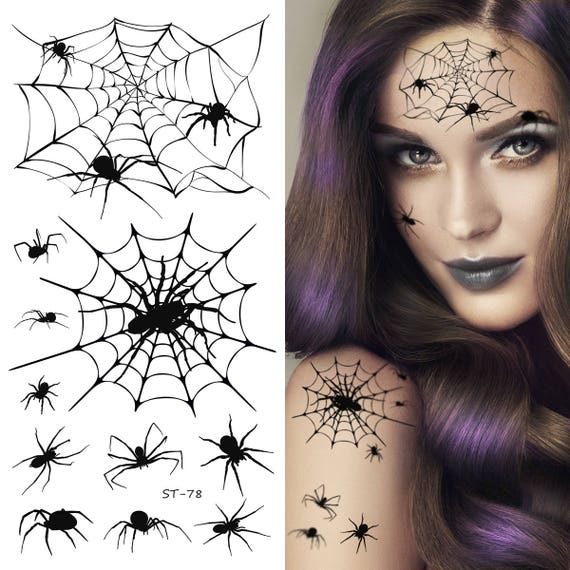 COKTAK 8 Sheets Large 3D Spider Web Temporary Tattoos Halloween Makeup Kit  For Women Adults Realistic Witch Bat Zombie Fake Face Tattoos Sticker For  Kids Men Adults Scary Halloween Decals Spiderweb -