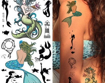 Supperb Temporary Tattoos - Hand drawn Summer Ocean Mermaid Fish lighthouse