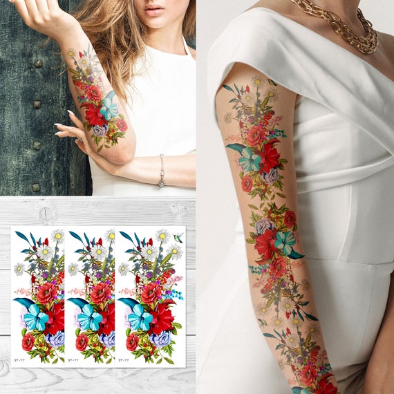 Tatuajes temporales de la cena: tatuajes coloridos del ramo de flores de  verano dibujados a mano, tatuajes temporales florales de manga completa del  brazo, tatuajes de flores silvestres -  México