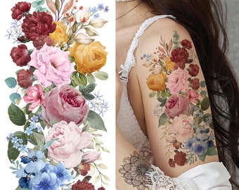Supperb Temporary Tattoos - Hand drawn Colorful Watercolor Roses Bouquet, Vintage Floral Tattoos (Set of 2)
