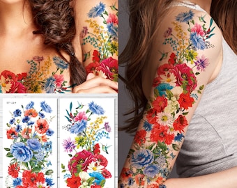 Supperb Temporary Tattoos - Hand drawn Full Arm Colorful Summer Flower Bouquet II (Set of 2)
