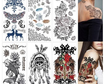 Supperb Mix Nature Floral Spirit Temporary Tattoos / 6-pack - Twin Roses, Leaves, Skull, Koi Fish, Lotus, Owl, Reindeer Temporary Tattoos