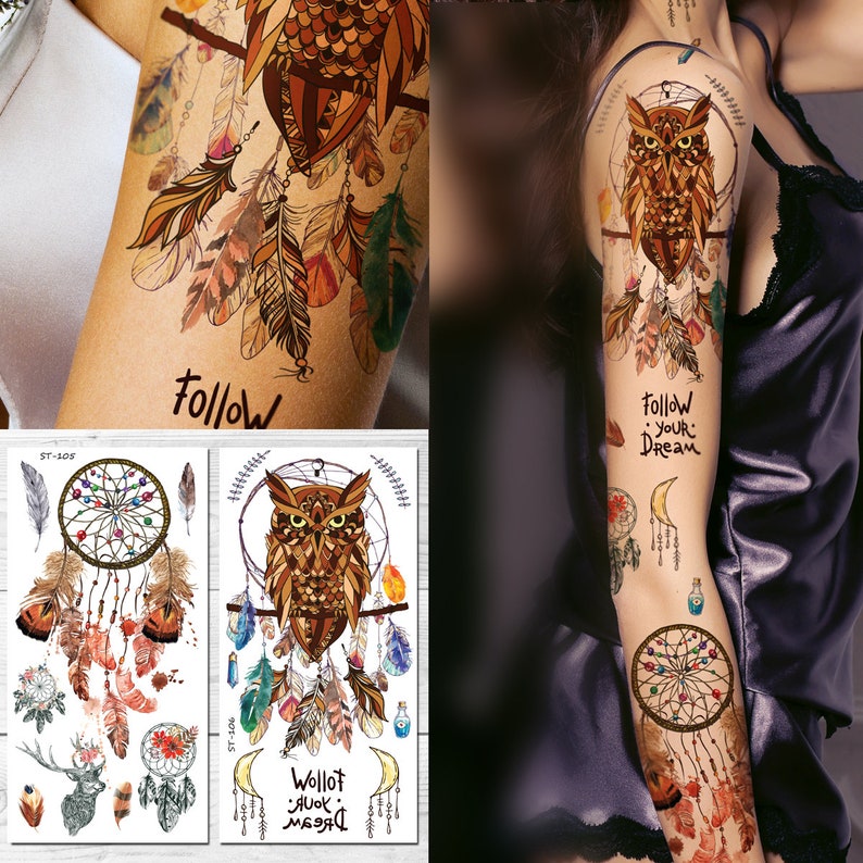 Supperb Temporary Tattoos Owl Dream Catcher Feather Tattoos Etsy