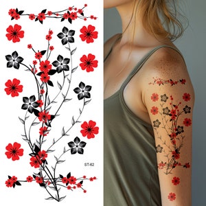 Supperb® Temporary Tattoos - Red Plum Flowers Red Floral Tattoos, Plum Blossom Temporary Tattoos