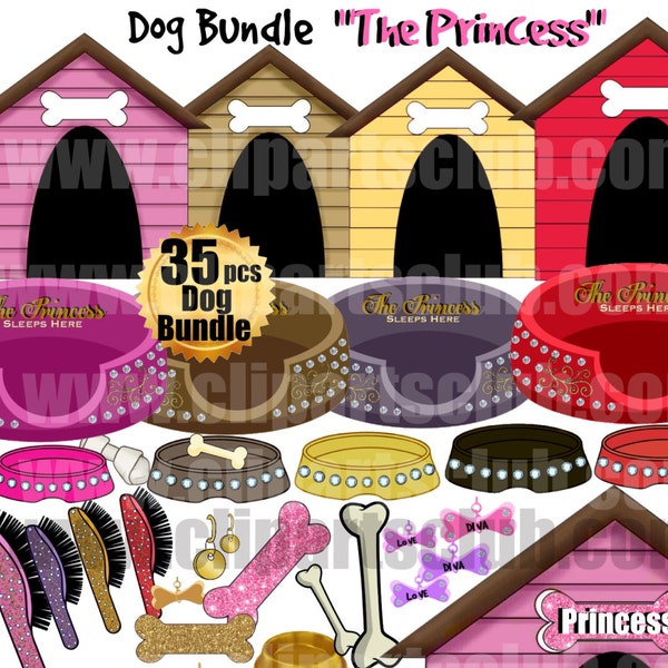 Princess Dog Bundle 35 images Rhinestone diamond Glamour Dog Accessories, Beds, Houses Treats, Brushes, Toys, Tags Clip Art Printable