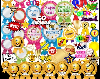 KIDS AWARDS 60 Trophy stars ribbons award banners for children school teachers parents clip art make your child feel like a Star!
