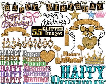 Happy Birthday Bundle 55 GLITTER Images Banners Number Candles Crowns Balloon Huge Clip Art Collection Digital Set High Resolution