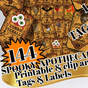 144 APOTHECARY SPOOKY HALLOWEEN Tags & Labels Bundle Printable,  Clip Art Images Vintage Junk Journal Style