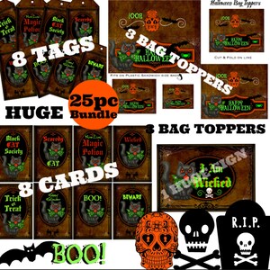 Puede incluir: Un conjunto de 25 decoraciones de fiesta de Halloween imprimibles con gatos negros, calaveras y refranes espeluznantes. El conjunto incluye 8 etiquetas, 8 tarjetas y 3 tapas para bolsas. El texto en las imágenes incluye "Nine Lives Magic Potion", "Black Cat Society", "Scaredy Cat", "Trick or Treat", "Boo!" y "I Am Wicked".